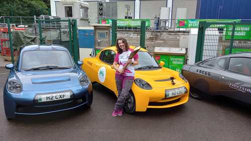 Dr Rhiannon Chalmers-Brown, with the Riversimple cars that took the Queen&#x27;s Baton Relay from USW HydrogenCentre at Baglan to Margam Park, Commonwealth Games, 2022