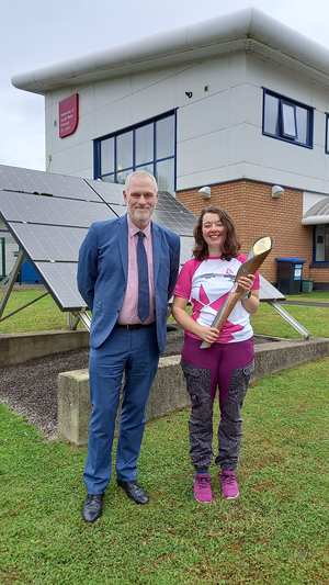 Dr Ben Calvert and Dr Rhiannon Chalmers-Brown during the Queen&#x27;s Baton Relay visit to Baglan Hydrogen Centre. July 2022