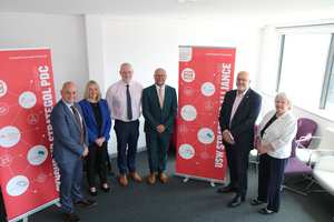 Jonathan Morgan, Lisa Michelle Thomas, Dr Ben Calvert, Simon Pirotte, Guy Lacey, and Kay Martin MBE, at the re-signing of the strategic alliance