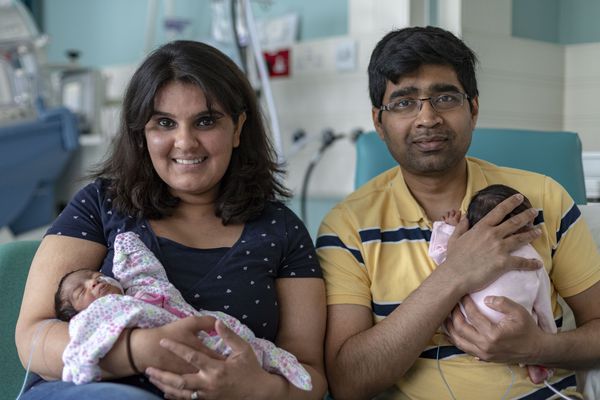 Twins Diya and Avni with their parents, Toyah and Pramod; photograph by Matthew Lofthouse